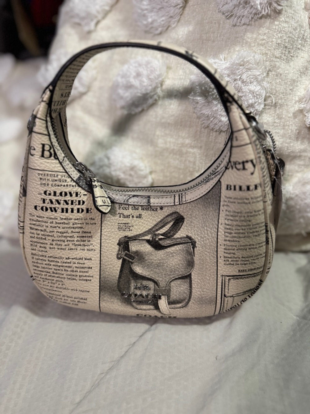 Coach Carmen Newspaper-Print Shoulder Bag in Cream and Black crossbody new